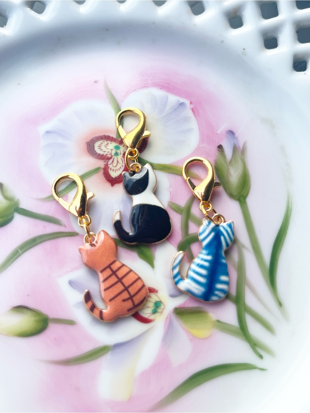 Gold-Trim Cat Charm Keychain Trio - Blue, Black, Orange Zipper Pulls/Bag Charms